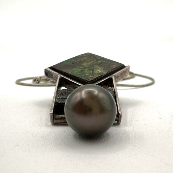 Ammolite Pendant Sterling Silver Necklace | Black Tourmaline? Black Pearl Signed - Picture 6 of 13